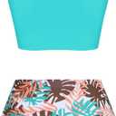 ZAFUL Women's High Waisted Swimsuit Scoop Neck Textured Floral Bikini Set 2 Piece Bathing Suit (S)