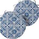 Set of 2 Outdoor 18 inch Round Patio Dining Chair Pads – Comfortable Fiber-Filled Seat Cushions with Ties, Reversible Polyester Fabric, Indigo Blue Lattice, 18" x 18" x 2.5"