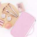 Relavel Cute Makeup Bag for Girls, Portable Pink Cosmetic Bag, Dual-layer Makeup Pouch with Brush Holder, Multi-Functional Preppy Toiletry Organizer for Travel, Daily Use - Pink Strip
