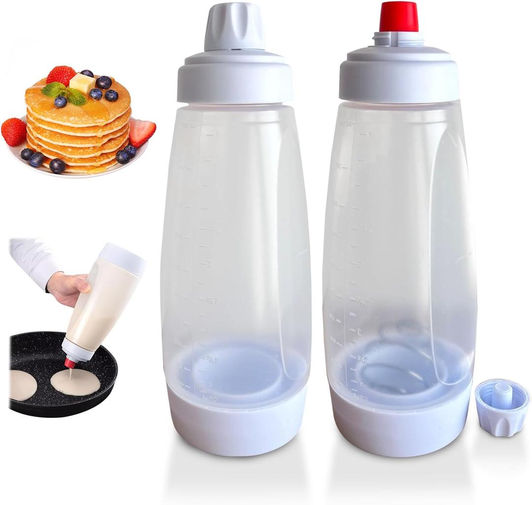 2 Packs of Pancake Batter Dispenser,1000ml Squeeze Pancake Dispenser Mixer Bottle with Stainless Steel wire whisk Ball,Suitable for Pancakes Crepes Waffle Muffins Qatayef Cupcak