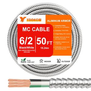 50FT 6/2 Metal Clad (MC) Cable with Ground, 6 Gauge Electric Wire with Aluminum Armor, Solid Bare Copper Conductors for Indoor Outdoor Underground Embedded Installation (6/2, 50 ft)