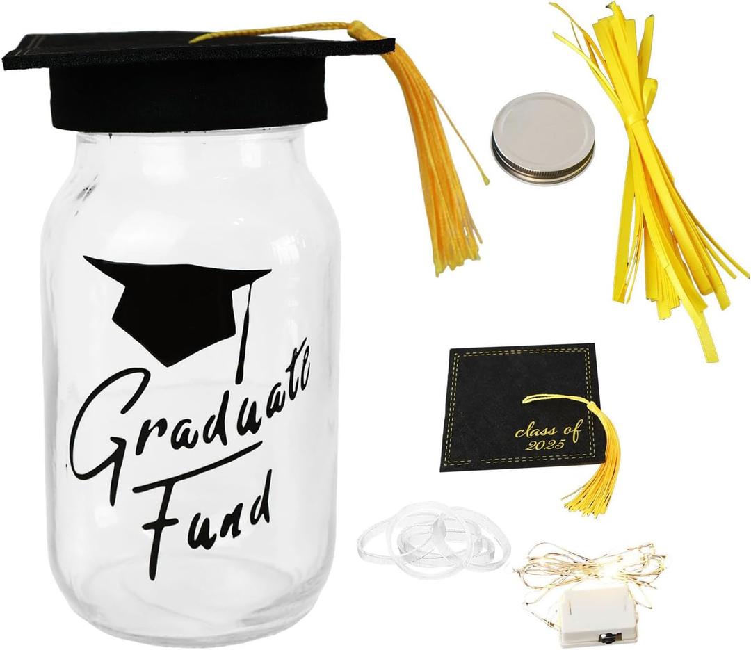 2025 Graduation Gifts for Her/Him Lighted Graduation Mason Jar with Class of 2025 Cap Kit, Can Filled with Money, Graduation Decoration, Graduate Fund Doctor Hat Mason Jar Gift for College High School