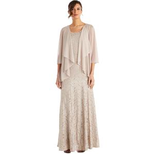 2-Piece Long Floral Glitter Lace Dress W/Beaded Neckline & Matte Chiffon Flyaway 3/4 Sleeve Jacket (8, Champagne)
