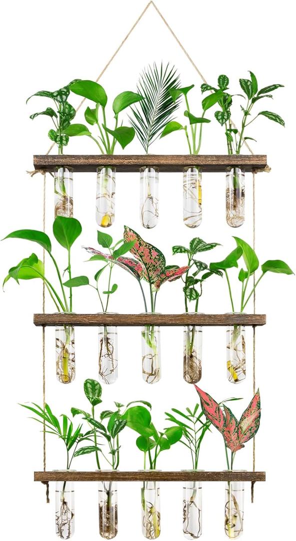 Monsiter QE 3 Tier Large Propagation Stations Wall Hanging Plant Terrarium with Wooden Stand, Retro Propagation Test Tube for Hydroponic Plants Cutting Flower, Propagator Home Office Patio Decor Gifts