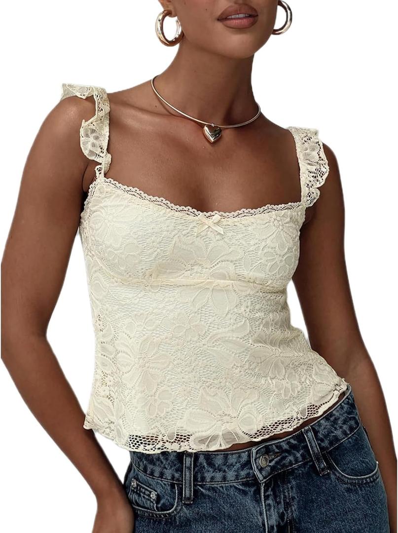 Women Teen Girls Cute Summer Going Out Tops Y2K Fairycore Sleeveless Square Neck Floral Lace Tank Top, Large