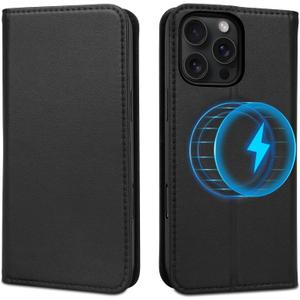 Wallet Case for iPhone 16 Pro 6.3", Genuine Leather Flip Folio Case Compatible with Magsafe, RFID Blocking Magnetic Card Holder Kickstand Cover Men Women for iPhone 16 Pro,Black