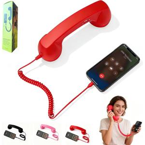 Retro Phone Handset for Type-C Devices, Vintage Style Cell Phone Receiver with Volume Control & Mic, Noise Reduction Wired Landline Handle Receiver for Mobile Video Conferences,Calls,Meetings (Red)