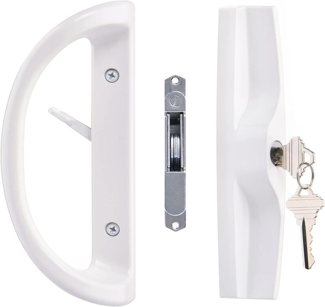 Sliding Patio Door Handle Set with Key Cylinder and Mortise Lock, Full Replacement Handle Lock Set Fits Door Thickness from 1-1/2" to 1-3/4", 3-15/16 Screw Hole Spacing, Reversible Design(Non-Handed) (White)