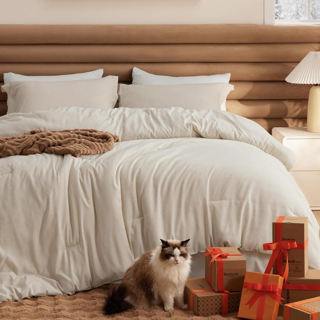 Bedsure Full Size Comforter Sets - Beige Soft Bedding for All Seasons, Cationic Dyed Bed Set, 3 Pieces, 1 Full Size Comforter (82"x86") and 2 Pillow Shams (20"x26"+2")