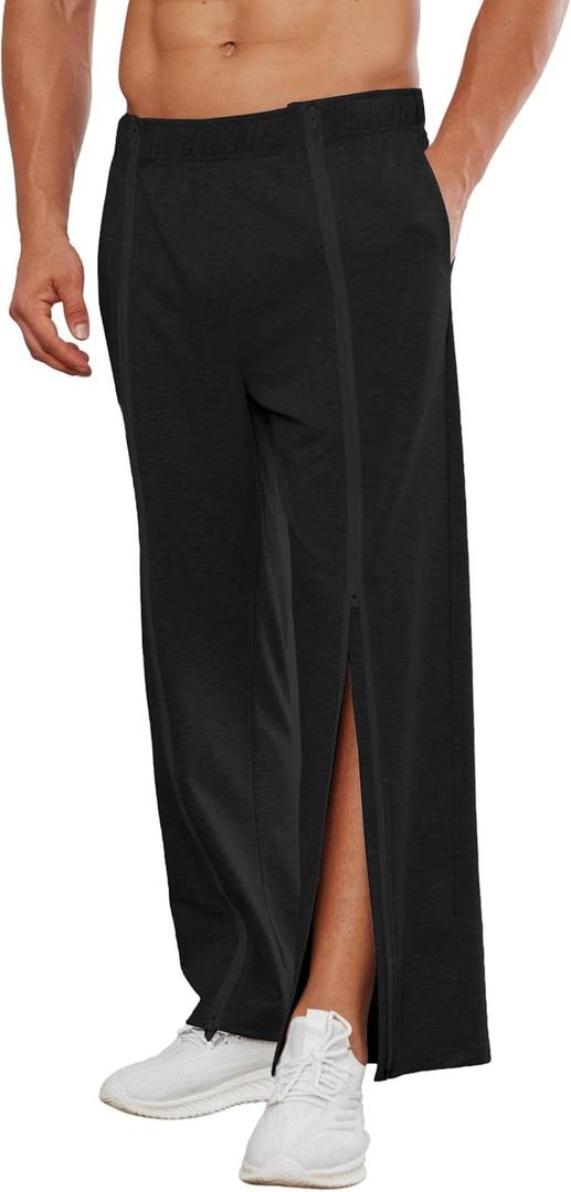 Deyeek Tear Away Pants for Men Full Zipper Legs Sweat Pants Mens Open Bottom Sweatpants Breakaway Cotton Post Surgery Pants (X-Large, Black)