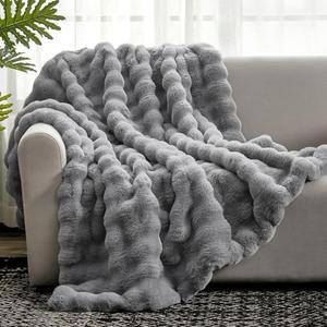 Cozy Bliss Faux Fur Throw Blanket for Couch, Fuzzy Soft Plush Thick Bubble Blanket for Sofa Bedroom Living Room,50 * 60 Inches Dark Grey