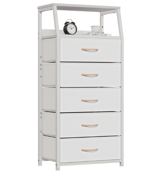 Furnulem White Dresser with 5 Drawers, Vertical Storage Tower Fabric Dresser for Bedroom, Hallway, Entryway, Nursery, Closet Organizer, Nightstand Bedside Table Furniture, Sturdy Steel Frame, Wood Top