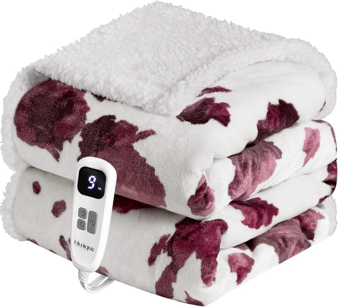 Heated Blanket Throw Blanket  Fast Heating Blanket with 10 Heat Settings & 4 Timer Options, Cozy Soft Fleece Sherpa, Washable, Warm Gifts for Grandma (Throw 50" x 60", 11 - Berry Purple Print Cow)