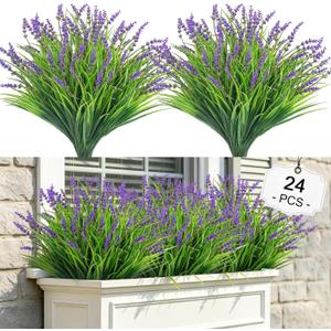 24 Bundles Artificial Plants & Flowers Adjustable Height Fake Lavender Flowers, UV Resistant No-Fade Plastic Plants, Faux Monkey Grass for Home Porch Garden Window Box Indoor Outdoor Decor