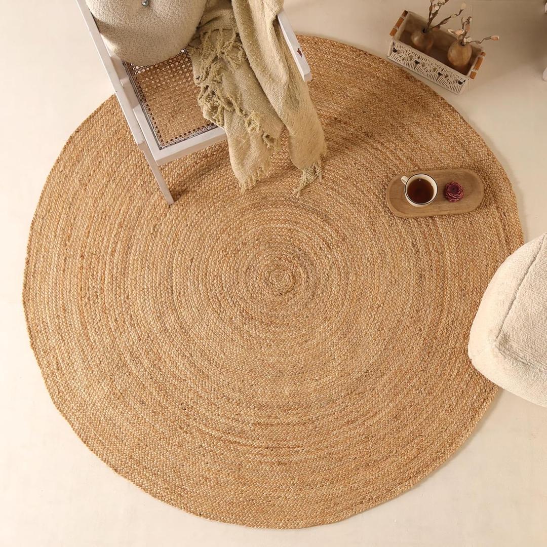 Handwoven 8FT Round Jute Area Rug Natural Rustic Reversible Jute Rug for Bedroom Living Room Dining Room Office
