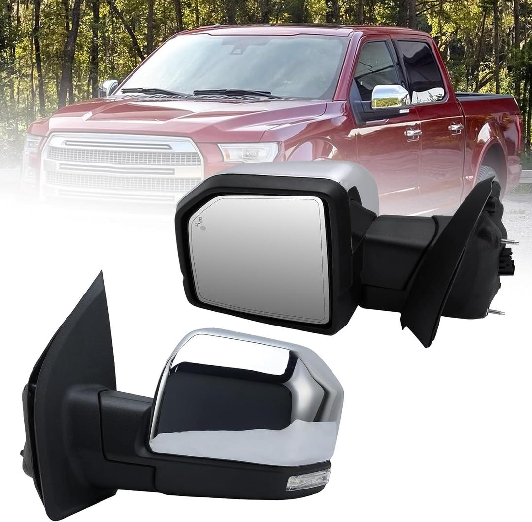 MOFOAP Left Driver Side Mirror Fits 2015-2020 Ford F150 Mirrors with Power, Heated, Puddle Lights, Blind Spot Detection, Turn Signal, Memory, Power Folding, Without Camera Replace FO1320528（18 Pins) Chrome