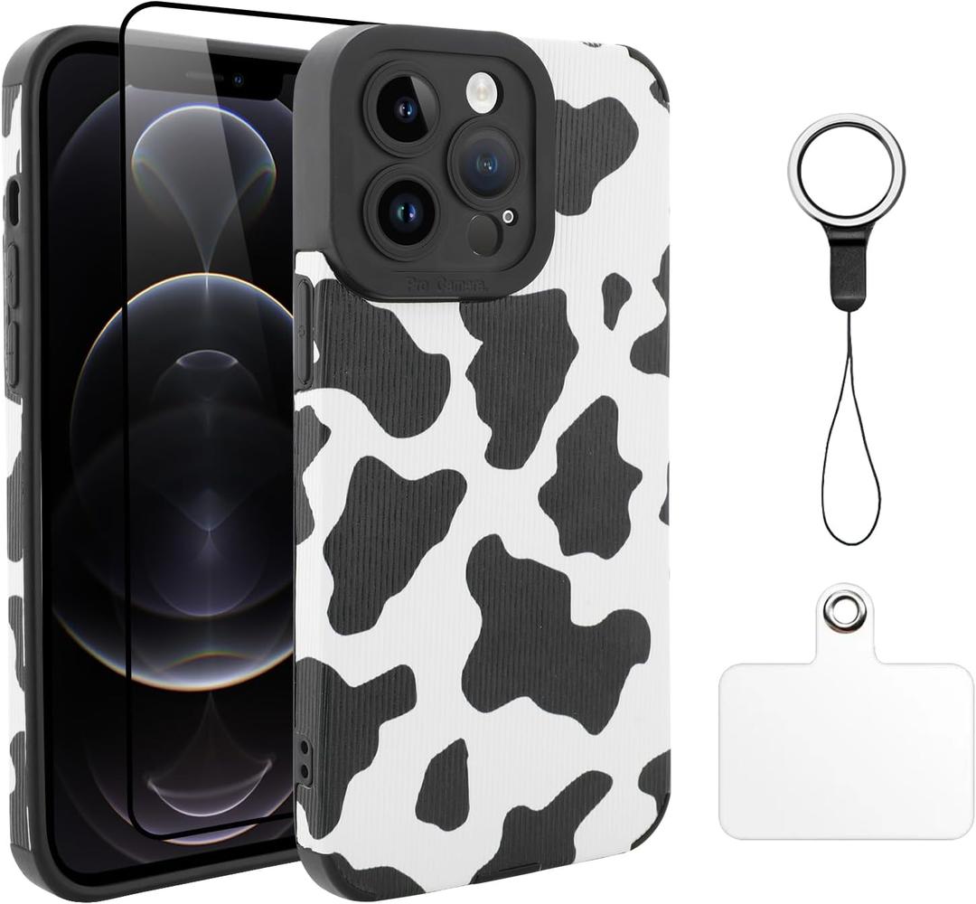 [3 in 1 Case for iPhone 12 Pro Case Cow Print Pattern Black White Design Tire Texture Non-Slip + Soft TPU Bumper Anti-Slip Ultra Thin Cover Protective Shockproof Case for iPhone 12 Pro