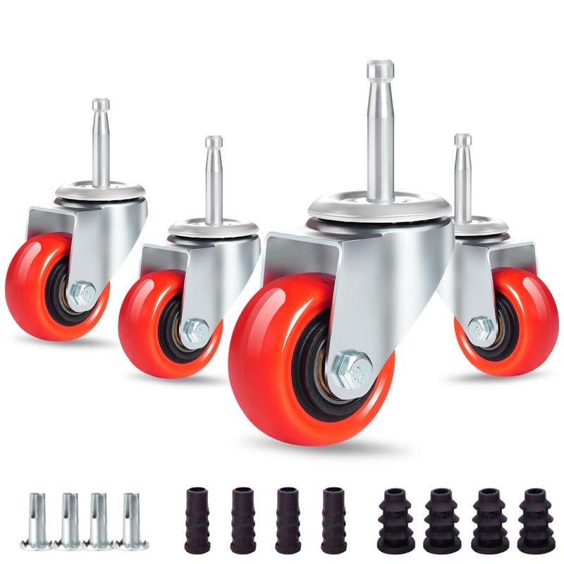 Enyke 2 Inch Long Stem Casters 600 LBS with 5/16" x 1-1/2" (8 x 38mm) Stem, Wet Dry Vac Repalcement Casters Set of 4, 360 Degree Swivel Castor Wheels with Double Ball Bearing, Red