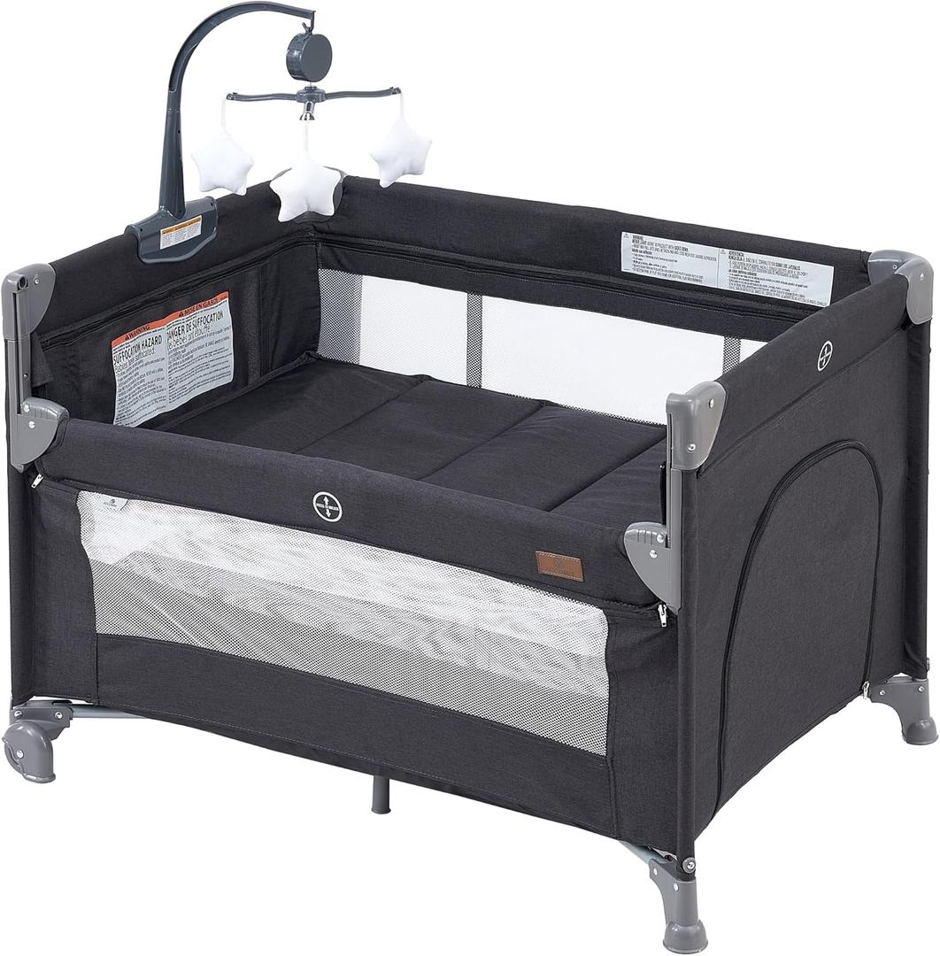 5 in 1 Baby Bedside Sleeper,Baby Pack and Play with Bassinet & Mattress,Portable Bedside Crib with Storage,Baby Playard with Bassinet from Newborn to Toddlers(Dark Grey)