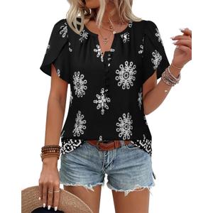 Timeson Womens Summer Tops Boho Short Sleeve Business Casual Blouses Button Down Floral Shirts Fashion Beach Vacation Clothes (Black, L)