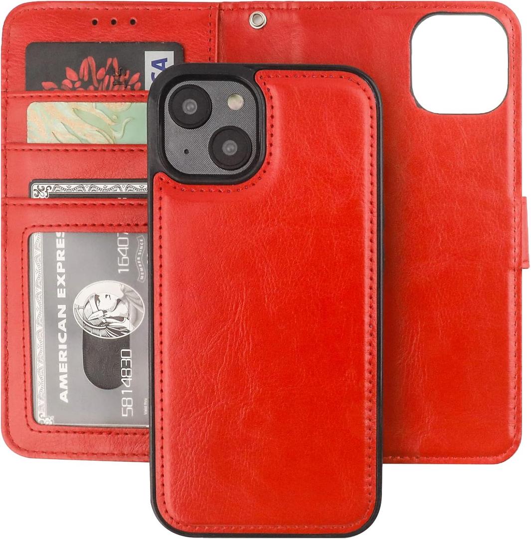 Bocasal Detachable Wallet Case for iPhone 14 RFID Blocking Card Slots Holder Premium PU Leather Magnetic Kickstand Shockproof Wrist Strap Removable Flip Protective Cover 5G 6.1 inch (Red)