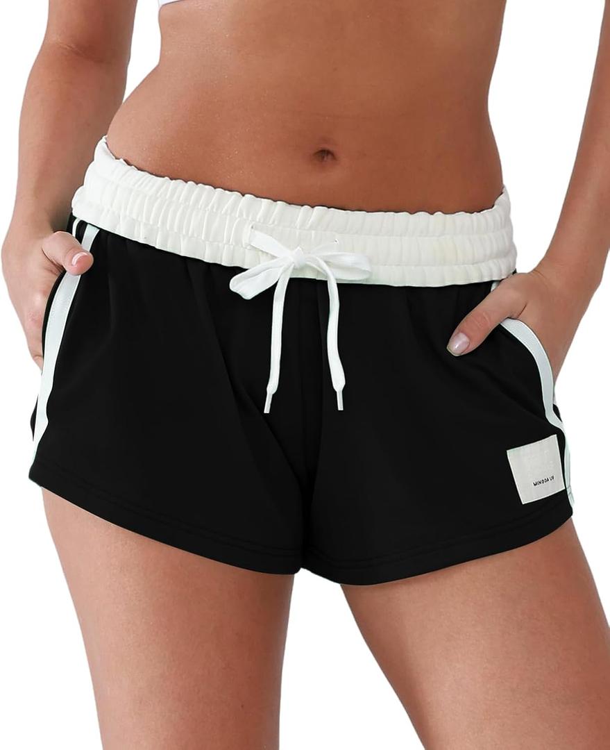 Comfy Sweat Shorts for Women Cotton Fold-Over Waistband Contrast Taping Lounge Casual Athletic Workout Shorts (Medium, Black)