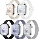 5 Pack Slim Braided Stretchy Bands Compatible with Apple Watch Band 40mm 41mm 42mm 38mm 44mm 45mm 46mm 49mm Women Men, Thin Elastic Nylon Solo Loop Straps for iWatch Series 10 9 8 7 6 5 4 3 11 SE 2/1 (Black/Starlight/BlueGrey/StoneGrey/White)