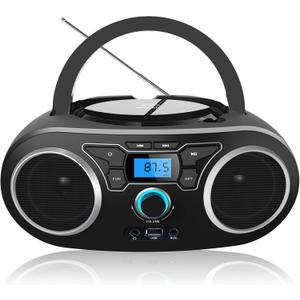 Portable CD Boombox with Bluetooth, FM Radio, USB Port, MP3-CD Compatible, AUX Input, Headphone Jack, Remote Control, Clear Stereo 4 Watts of Audio, AC/Battery Powered