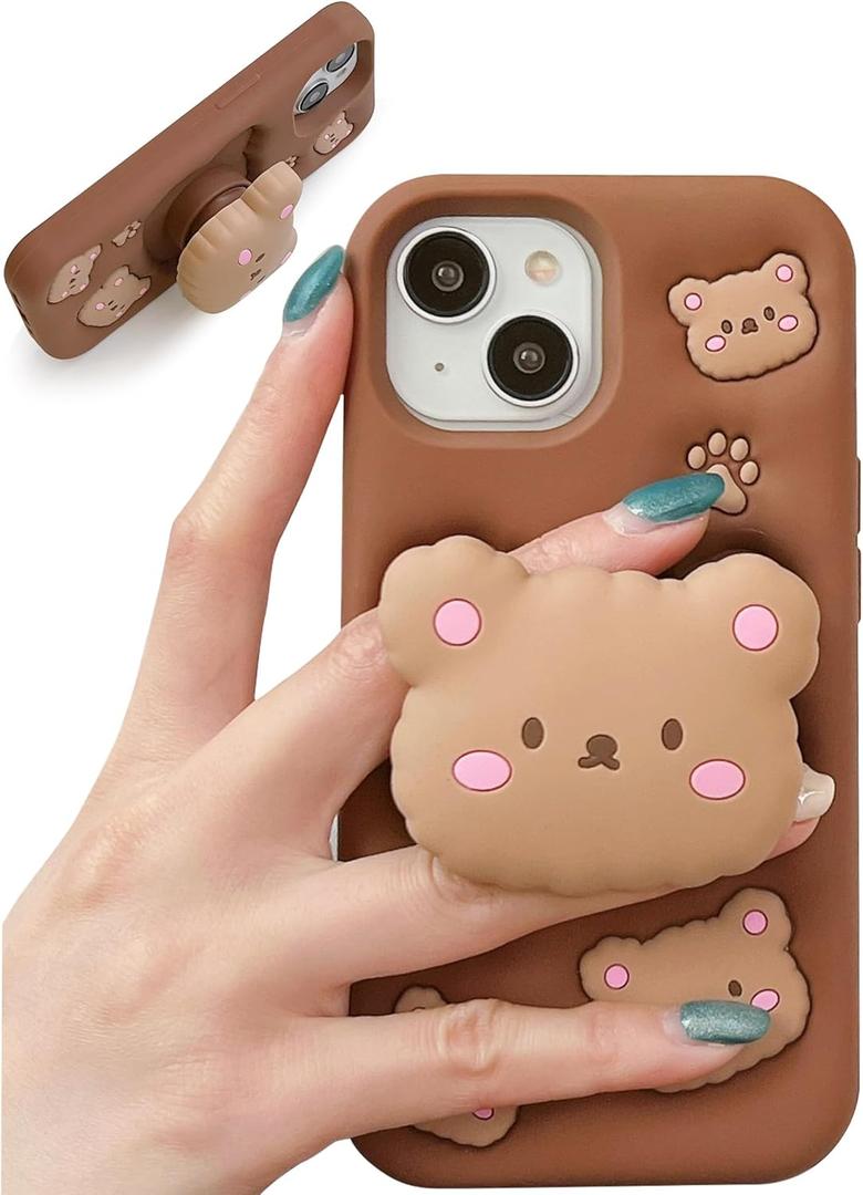 Kawaii 3D Teddy Bear Phone Case for iPhone 15 Pro Max (with Retractable Phone Stand & Grip) Cute Girly Cartoon Soft Silicone Phone Cover for Girls, Kids, Teens, and Women, Brown