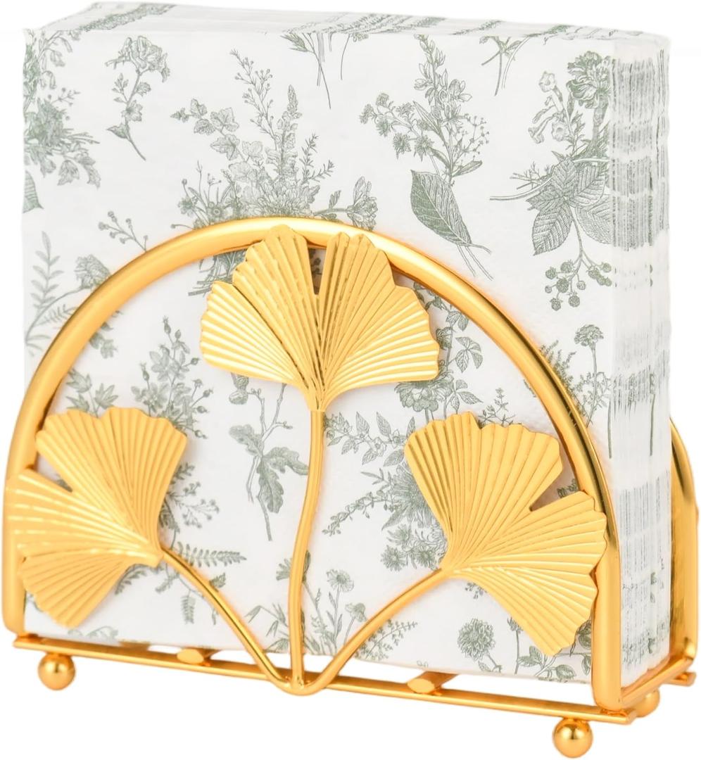 2 Pack Napkin Holder for Table, Gold Ginkgo Leaf Flat Iron Napkin Holder with Weighted Arm, Cocktail Paper Holder for Kitchen Dining Room Decor 7.09" L X 7.09" W X 2.76" H