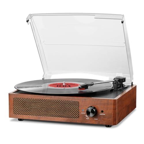 Record Player for Vinyl with 2 Build-in Speakers LP Vinyl Players Belt-Driven Vintage Turntables 3 Speed 3 Size, Wireless Bluetooth Playback, AUX-in,RCA Out, Headphone,Auto Stop Wood