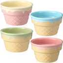 Honeydak 4 Pcs Ice Cream Ceramic Bowls 9 oz Waffle Ice Cream Cups Reusable Sundae Dessert Snack Containers for Summer Kid Adult Birthday Home Yogurt Soup Bar Christmas Party Supplies