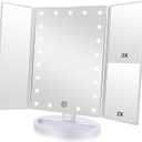 Flymiro Trifold Lighted Vanity Makeup Mirror with 3x/2x Magnification,21 LEDs Light and Touch Screen,180 Degree Free Rotation Countertop Cosmetic Mirror,Travel (White)