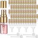 Lnrueg 100 Pcs Mini Spray Bottles, 0.07 oz/2 ml Refillable Glass Perfume Bottles, Portable Travel Sample Containers with Caps, Fine Mist Atomizers with 4 Funnels and 4 Dispensers, Gold