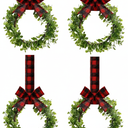 WILLBOND 4 Pcs Christmas Kitchen Cabinet Wreath Boxwood Garland with Ribbon Greenery Garland Hanging Wreaths for Cabinet Wall Window Door Fireplace Party Farmhouse Decor(Black and Red,Fabric)