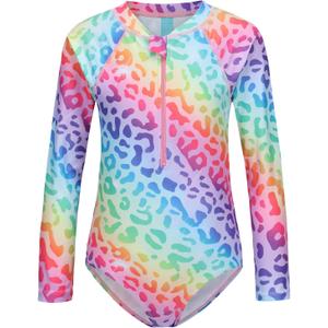 Girls One Piece Rash Guard Long Sleeve Swimsuits for Girls UPF 50+ Sun Protection Bathing Suits 3-16 Years (12-14 Years, Rainbow Leopard)