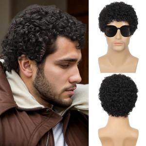 Baruisi Mens Black Curly Wig Short Synthetic Halloween Cosplay Costume Replacement Hair Wigs