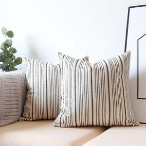 Black Pillow Covers Linen Farmhouse Throw Pillow Covers Outdoor Striped Decorative Square Throw Pillows for Couch Sofa Bed 18x18 in Pack of 2 Black and Cream