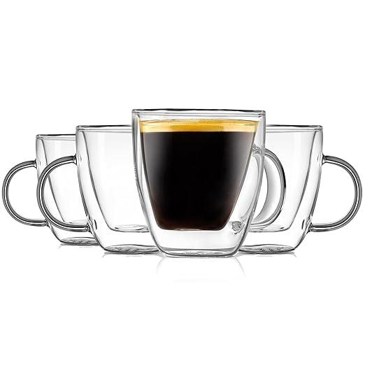 Double Walled Glass Espresso Cups - 5.2 Fluid Oz Premium Insulated Borosilicate Glass Coffee Mugs for Hot & Cold Drinks - Dishwasher Safe, Set of 4