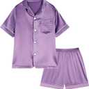 Weixinbuy Pajama Set for Kid Baby Boy Girl Button-up Silk Pajama Sleepwear Nightwear Loungewear Clothes Set Gifts for Kids (11-12 Years, Purple (Short Sleeve))