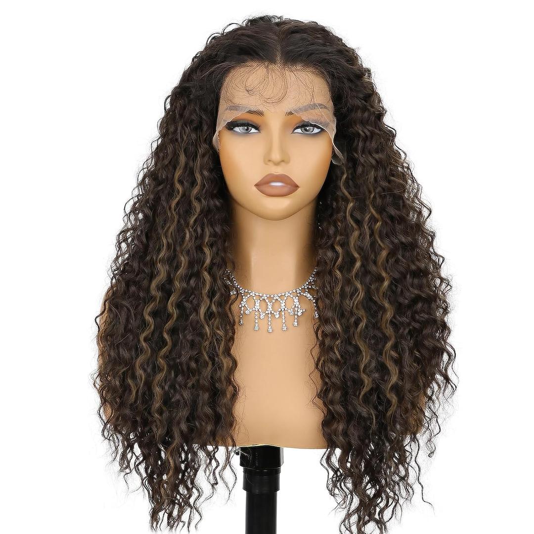 Brown with Highlight Lace Front Wig 13x4 Synthetic Long Curly with Baby Hair Natural Preplucked Hairline 24 Inch Wavy for Women Daily Party Use