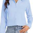 J.VER Button Down Shirts for Women Stretch Collared Cotton Long Sleeve Dress Shirt Business Casual Blouse for Work (Blue, L)
