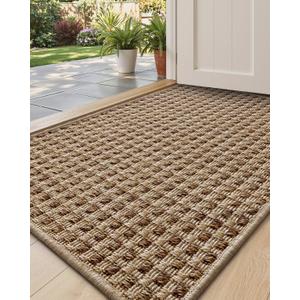 DEXI Dirt Trapper Door Mat, 24x39 Washable Doormat, Dirt Resistant and Absorbent, Easy Clean Low-Profile Floor Rugs for Entryway, Front Door, and Inside Entrance, Checkered Beige