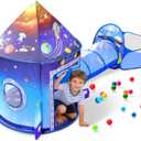 3 in 1 Rocket Ship Play Tent with Tunnel Ball Pit for Kids Space Themed Pop Up Playhouse Indoor Outdoor Astronaut Tent Set Toy Gift for Boys Girls Toddler Baby Child Games Birthday Party