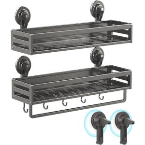 Shower Caddy Suction Cup, 15.8 inch 2 Pack Suction Shower Shelf with Hooks NO-Drilling Bathroom Holder, Rustproof Bathroom Organizer, Includes 2 Extra Suction Cups, Dark Grey