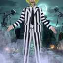 DIYLN 8 Pcs Beetle Movie Juice Costume Men Black and White Striped Suit Adult Horror Comedy Character Cosplay Outfit with Wig L (Without Pants)