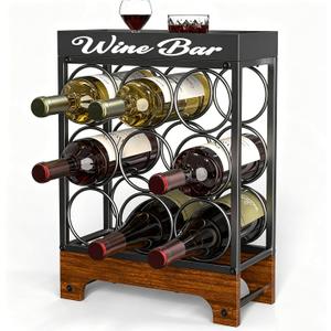 9 Bottles Wine Racks Countertop Freestanding with Top Tray, Modern Black Metal &Wood, 3 Tier Tabletop Wine Holder Stand for Home Kitchen Bar, Cabinet, Pantry, Wine Bottle Storage