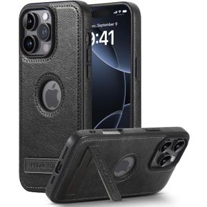 Leather Case for iPhone 16 Pro Max Case, Protective Slim with Kickstand Shockproof Phone Cases, Built-in Invisible Stand Compatible with iPhone 16 Pro Max 6.9'', Black