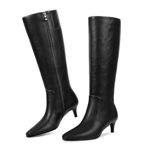 wetkiss Black Boots for Women Knee High Womens Kitten Low Heel Tall Boots with Side Zipper Pointed Toe, Black Knee High Stiletto Long Boot Shoes for Dressy Party Prom Shopping PU Leather Size 8