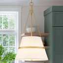 15.35" Gold Drum Chandelier, White Linen Pendant Light for Kitchen Island
